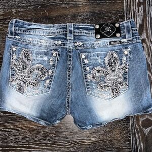Miss Me Blue Denim Shorts with Silver Embellishments